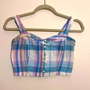 Forever 21 Pink and Blue Plaid Sleeveless Button Crop Top
